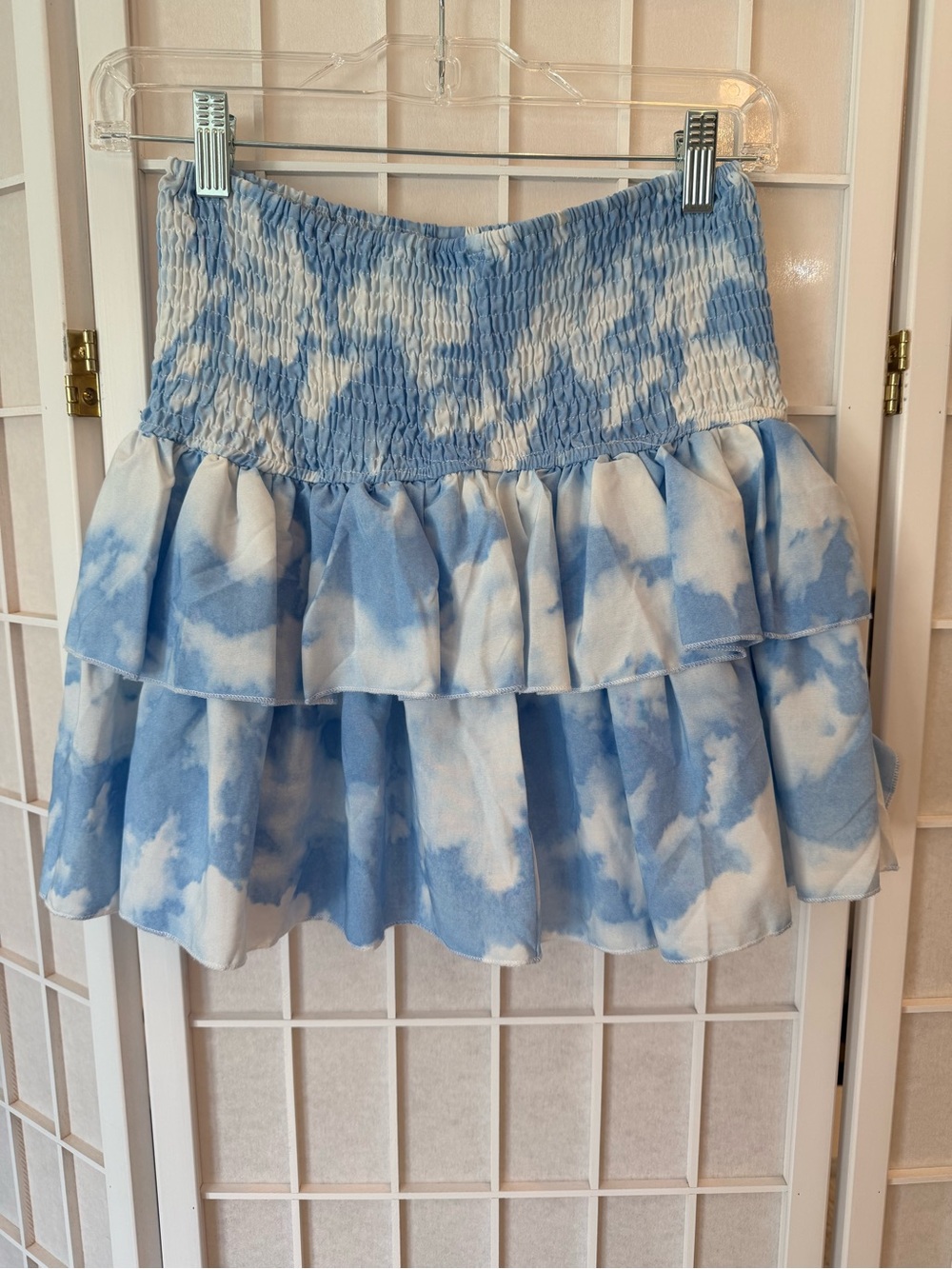 SHEIN Sky Blue & White Tie-Dye Ruffle Mini Skirt